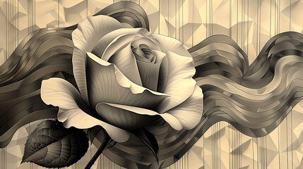 A geometric interpretation of a single rose, where its petals and leaves are represented by crisp, angular lines in a modern line art style. - obrazy, fototapety, plakaty