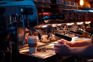 Barista makes coffee for customers at cafe or restaurant