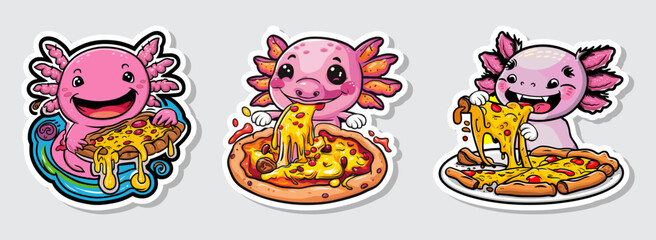 Set of joyful axolotl enjoys cheesy pizza in a lively sticker vector illustration. Generative AI