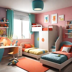 serene interior design of kids' room with a soft pastel color palette, plush rugs, and cozy bedding, accented with whimsical decor like fluffy clouds, twinkling stars, and gentle woodland creatures