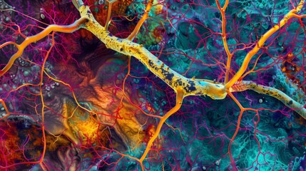 A vibrant colorful image of fungal hyphae intertwined with plant roots in a symbiotic relationship known as mycorrhiza creating a - obrazy, fototapety, plakaty