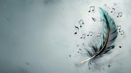 Delicate white feathers match the musical notes on a beautiful gray background. stimulates a...