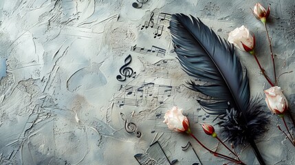 Delicate white feathers match the musical notes on a beautiful gray background. stimulates a...