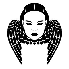 Winged female face. Head of a beautiful woman with bird or angel wings. Fantastic design. Flying female. Black and white silhouette.
