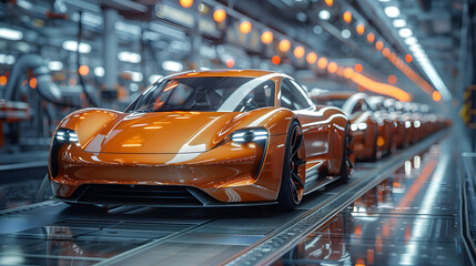 Interior view of an ultra-modern, cutting-edge electric car manufacturing factory. The electric cars are beautiful, luxurious, and EV supercars. Generative ai	