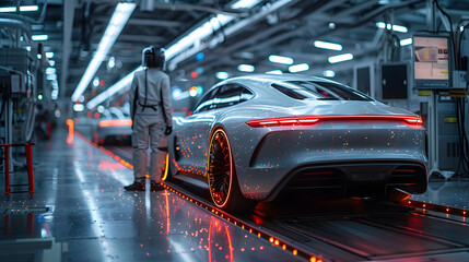 Interior view of an ultra-modern, cutting-edge electric car manufacturing factory. The electric cars are beautiful, luxurious, and EV supercars. Generative ai	