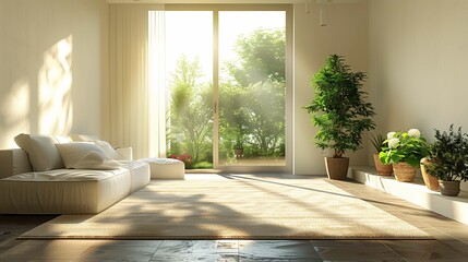 Fototapeta premium Modern Living Room with Sunlight and Greenery View