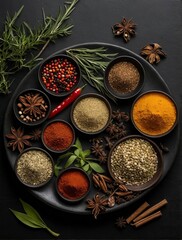 Obraz na płótnie Canvas Various oriental spices and spices on a black background.