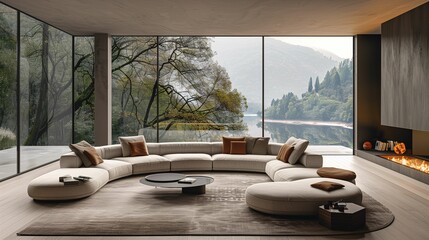 Fototapeta premium Modern Living Room Interior with Panoramic Forest View