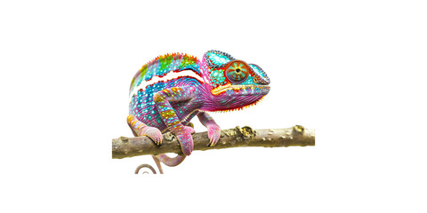 
Chameleon on branch isolated white background