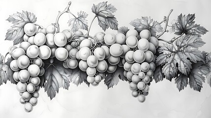 A minimalist line art drawing focusing on the elegant structure of grapevines, with detailed leaves and grape clusters.