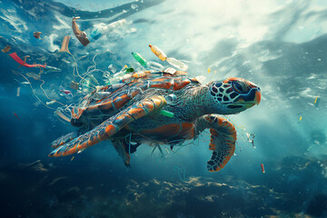 Naklejka na ściany i meble Lost at Sea in a Plastic World: A Sea Turtle's Struggle for Survival