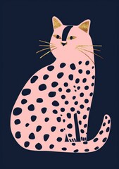 a simple flat illustration of a pink kitty, in the style of a leopard print