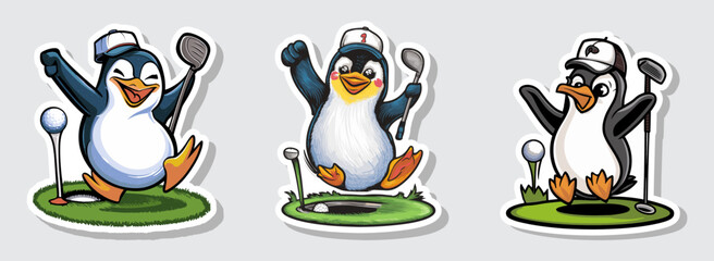 Set of proud penguin celebrates golf hole-in-one with victory pose, vector illustration. Generative AI