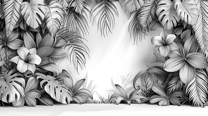 A minimalist line art drawing of a tropical scene, focusing on the elegant forms of orchids and monstera leaves.