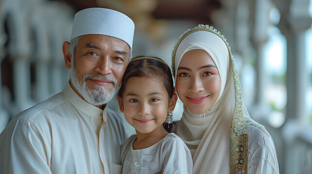 portrait of a beautiful Muslim Asian family, hibah, takaful, mother's day, hijab mother, bonding love, I love you, joy expression, Eid celebration, ramadan, Hari Raya, Aidilfitri, Father, Mother