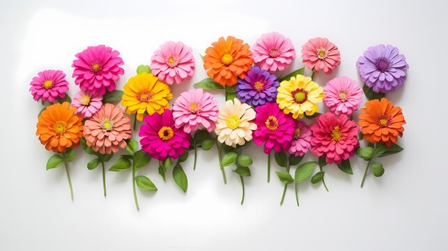 Vibrant arrangement of zinnias captured from above with a minimalist backdrop, ready for your customized text.