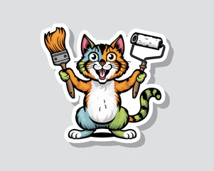 Excited cat with paintbrush and roller for Labor Day home improvements sticker vector illustration. Generative AI