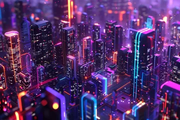Foto op Canvas Vibrant futuristic city landscape With modern skyscrapers lit up with neon lights. © Thi