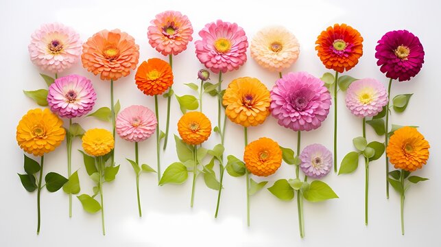 Vibrant arrangement of zinnias captured from above with a minimalist backdrop, ready for your customized text.