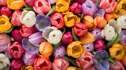 Fototapeta na wymiar Top-down perspective of vibrant tulips in various hues, offering a serene backdrop for your customized message.