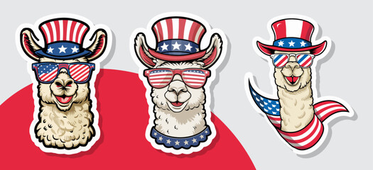 Fototapeta premium Llama wears patriotic sunglasses and a hat, radiating national pride sticker vector illustration. Generative AI