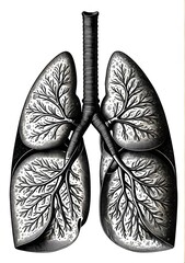 retro graphic design elements: vintage science, an ink painting style scientific drawing of a human lung for an anatomy book vintage drawings, isolated background