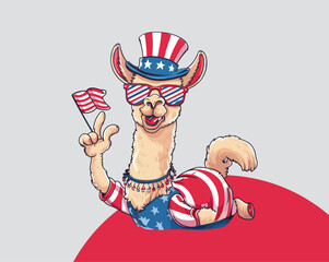 Fototapeta premium Llama wears patriotic sunglasses and a hat, radiating national pride sticker vector illustration. Generative AI