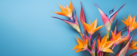 Top-down perspective of a vibrant arrangement of bird of paradise flowers against a solid background, perfect for adding your message.