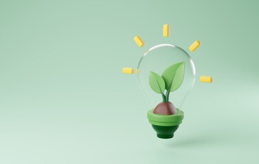 Green Illumination 3D Light Bulb with Leaves for Eco Energy and Conservation. 3D render