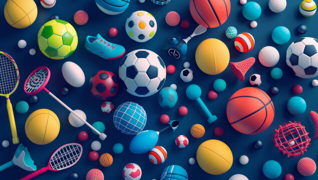 Colorful sports balls, rackets and ball suits on a dark background