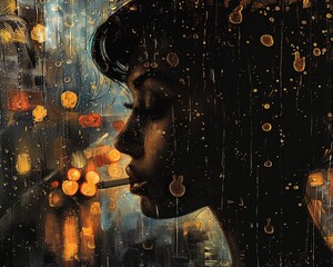 A femme fatale gazes pensively out a rain-streaked window, the city lights reflecting in her eyes Her silhouette is striking against the soft 