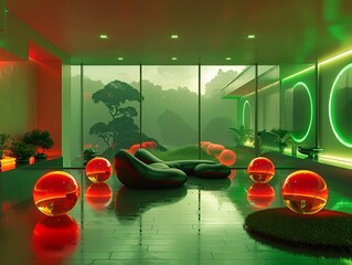 A futuristic living room filled with levitating spheres that shift from calming green to fiery red, capturing the rooms shift from peace to excitement 3D render, Silhouette lighting,