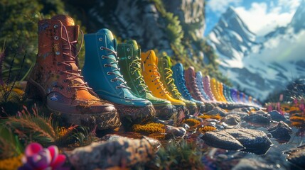 A lineup of shoes representing different adventures - trekking through fairy-tale forests, walking on alien planets, and exploring mystical realms