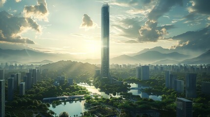 a skyscraper amidst a flourishing renewable energy landscape