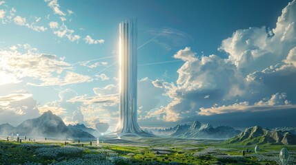 Surrounded by a thriving renewable energy environment, a skyscraper reaches into the sky