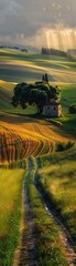 At a rural farm, a weather dome is set amidst rolling fields, changing seasons with a tap A farmer watches in awe as rain turns to sunlight before their eyes Photography, Golden Hour,