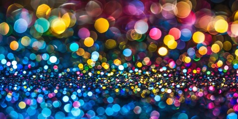 Abstract background of vivid bokeh lights with a colorful, festive atmosphere. - obrazy, fototapety, plakaty