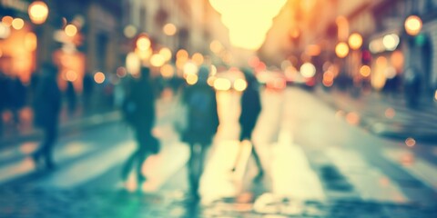 Unfocused view of city life at dusk, capturing the bustle of pedestrians on a busy street. - obrazy, fototapety, plakaty
