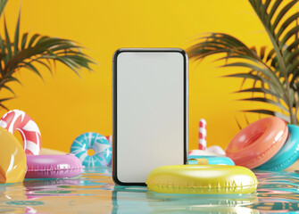 Summer vacation background. Smartphone mockup with blank screen surrounded by inflatable pool floats - obrazy, fototapety, plakaty