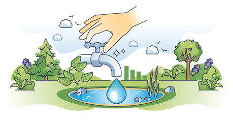 Water management and sustainable nature resources usage outline hands concept. Clean, drinkable and pure water drinking and responsible recycling vector illustration. Purification in lake reservoir.