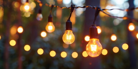 Illuminated string lights hanging in a garden as evening sets in, creating a cozy atmosphere. - obrazy, fototapety, plakaty