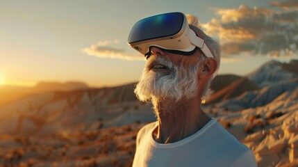 Elderly man with a beard using virtual reality headset in a desert during sunset, technology immersion.