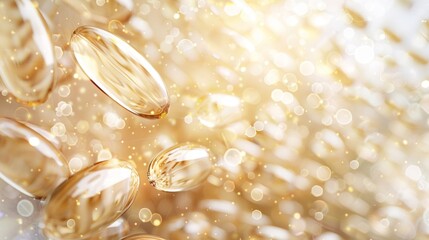 Fototapeta premium Nutritional fish oil capsules in golden light representing health and dietary supplements.
