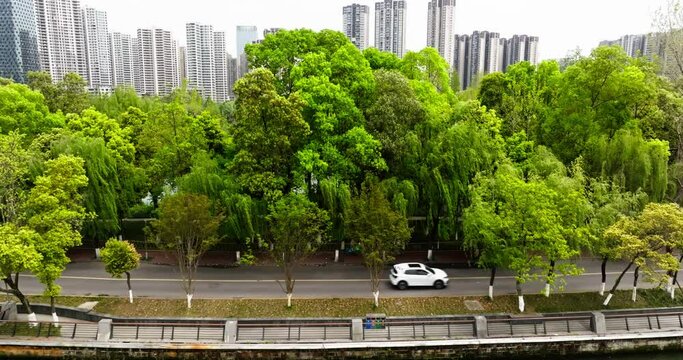 Aerial view of cars driving on the road at river side in Chengdu City park