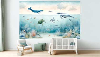 Nursery room with whimsical ocean wall mural background.