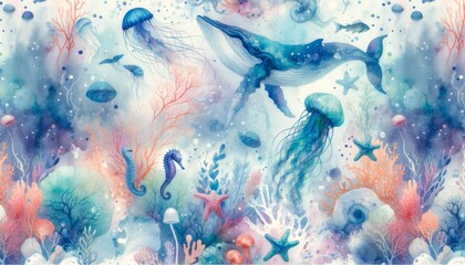 Fototapeta na wymiar Sea animal watercolor pattern Illustration background.