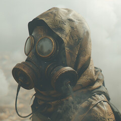 Survivor, Gas mask, Weathered, Forging supplies in a desolate city, Dust storm, 3D Render, Spotlight, Lens Flare