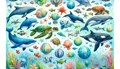 Fototapeta na wymiar Sea animal watercolor pattern Illustration background.
