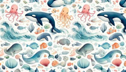 Sea animal watercolor pattern Illustration background.